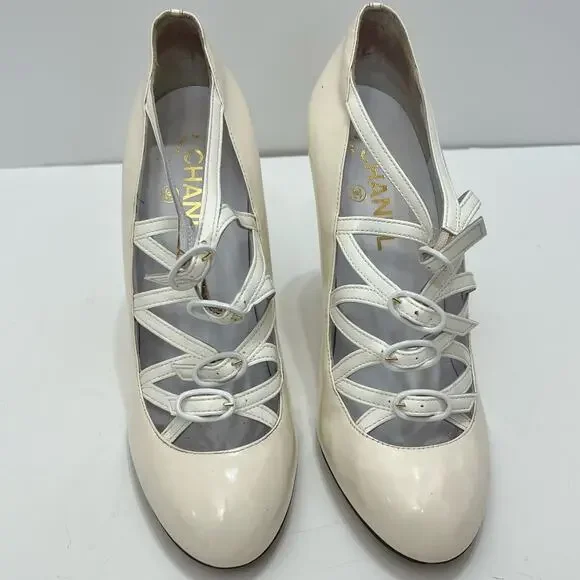 Chanel Buckle Mary Jane Wedge Pumps White Patent Leather Pumps | 39/US 8-8.5 - Picture 3 of 13